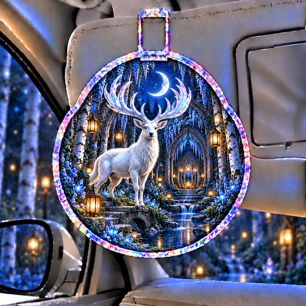 White Stag Sapphire Sanctuary Holographic Car Visor Clip with printed optical 3D artwork in its use setting