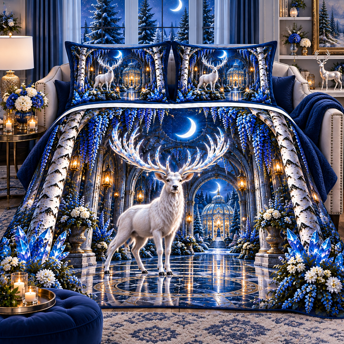 White Stag Grand Hall Quilted Bedding Set with printed optical 3D artwork in its use setting
