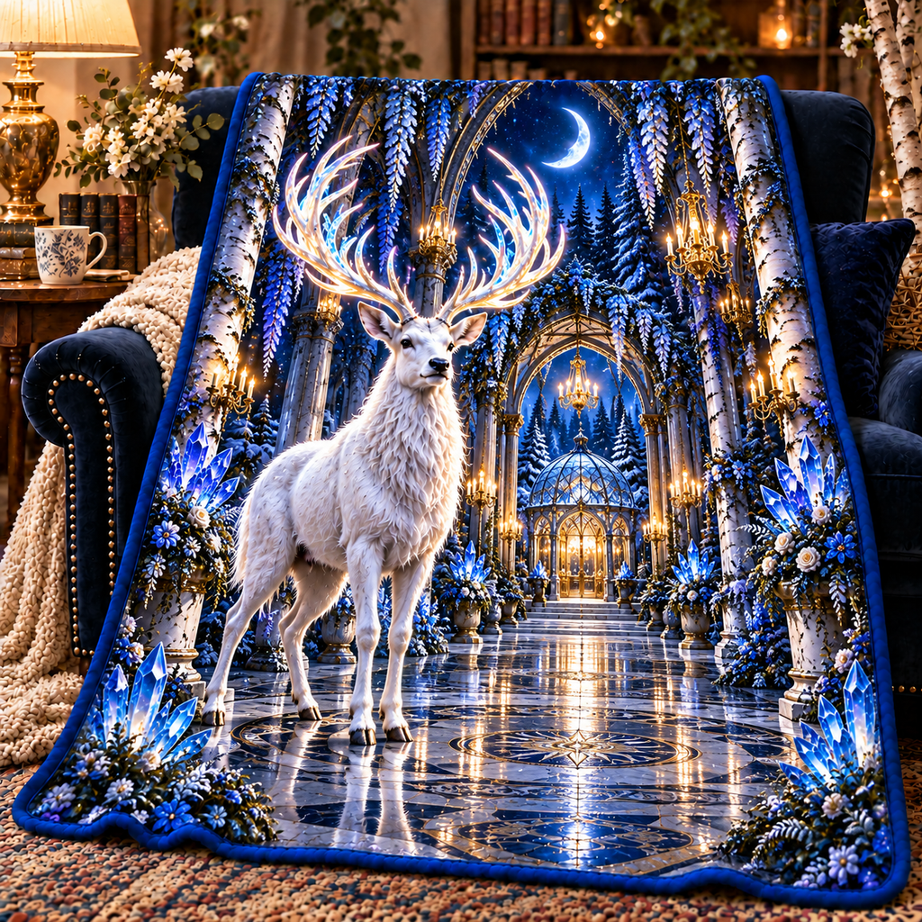 White Stag Grand Hall Sherpa & Fleece Blanket with printed optical 3D artwork in its use setting