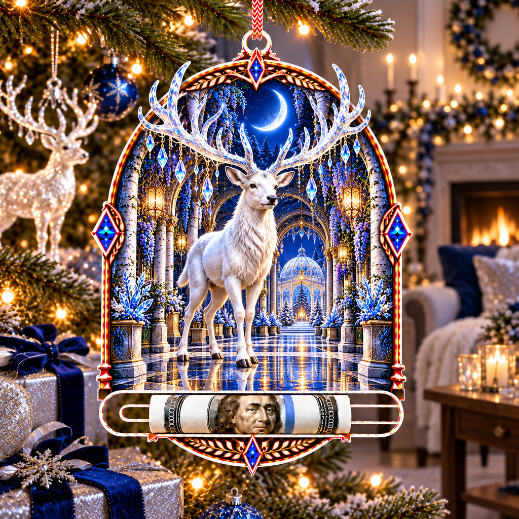 White Stag Grand Hall Acrylic Cash Holder Ornament with printed optical 3D artwork in its use setting