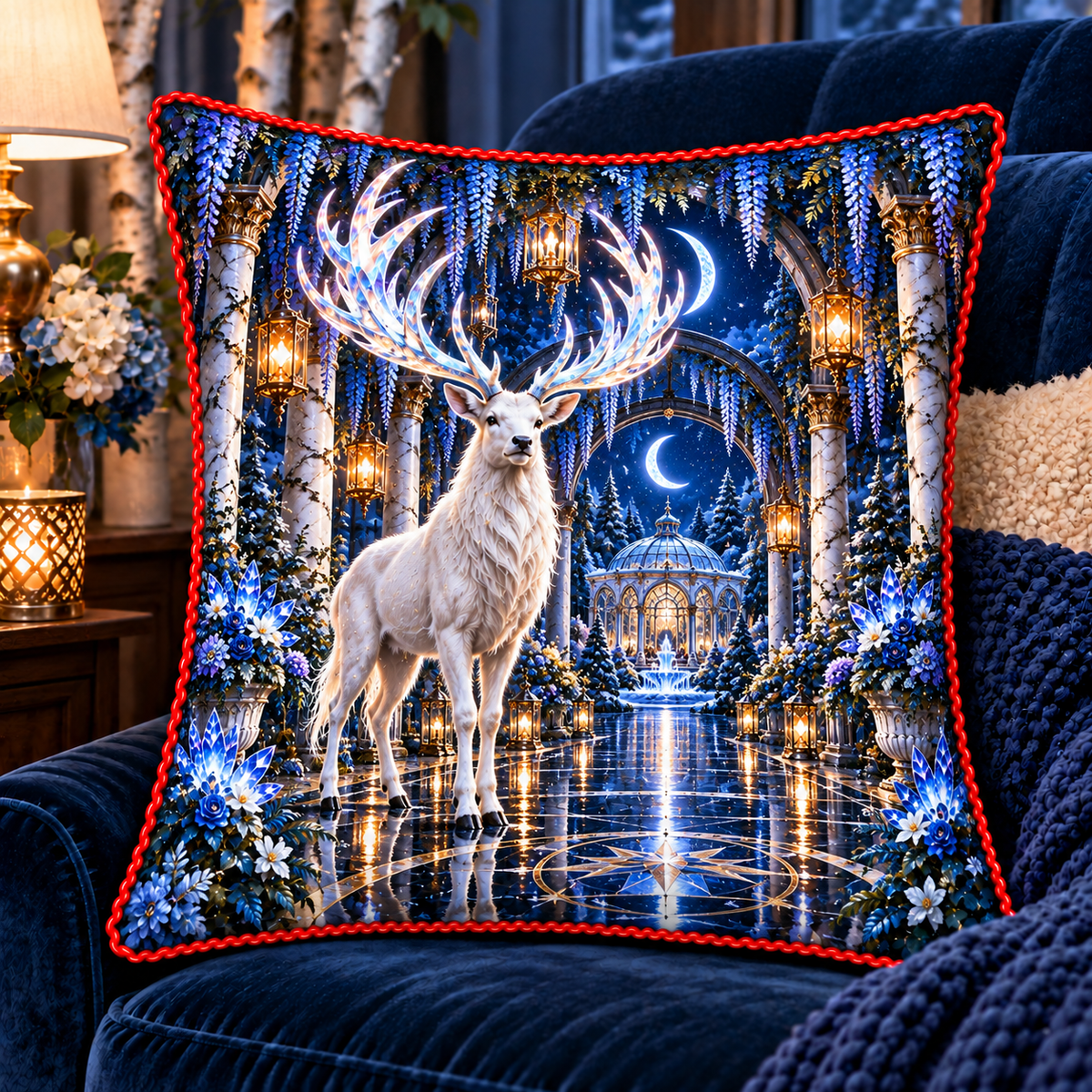 White Stag Grand Hall Quilted Cushion Cover with printed optical 3D artwork in its use setting