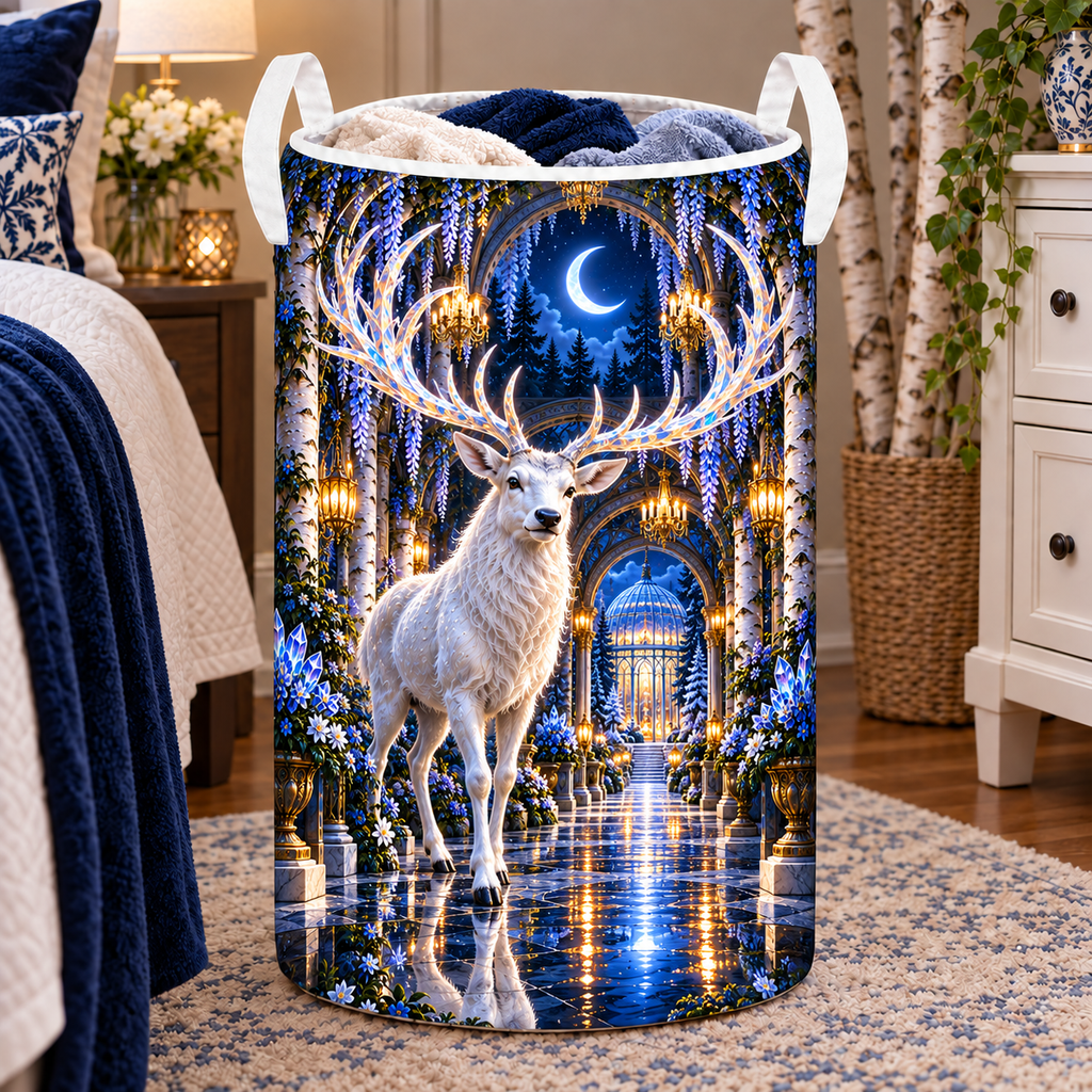 White Stag Grand Hall Laundry Hamper with printed optical 3D artwork in its use setting