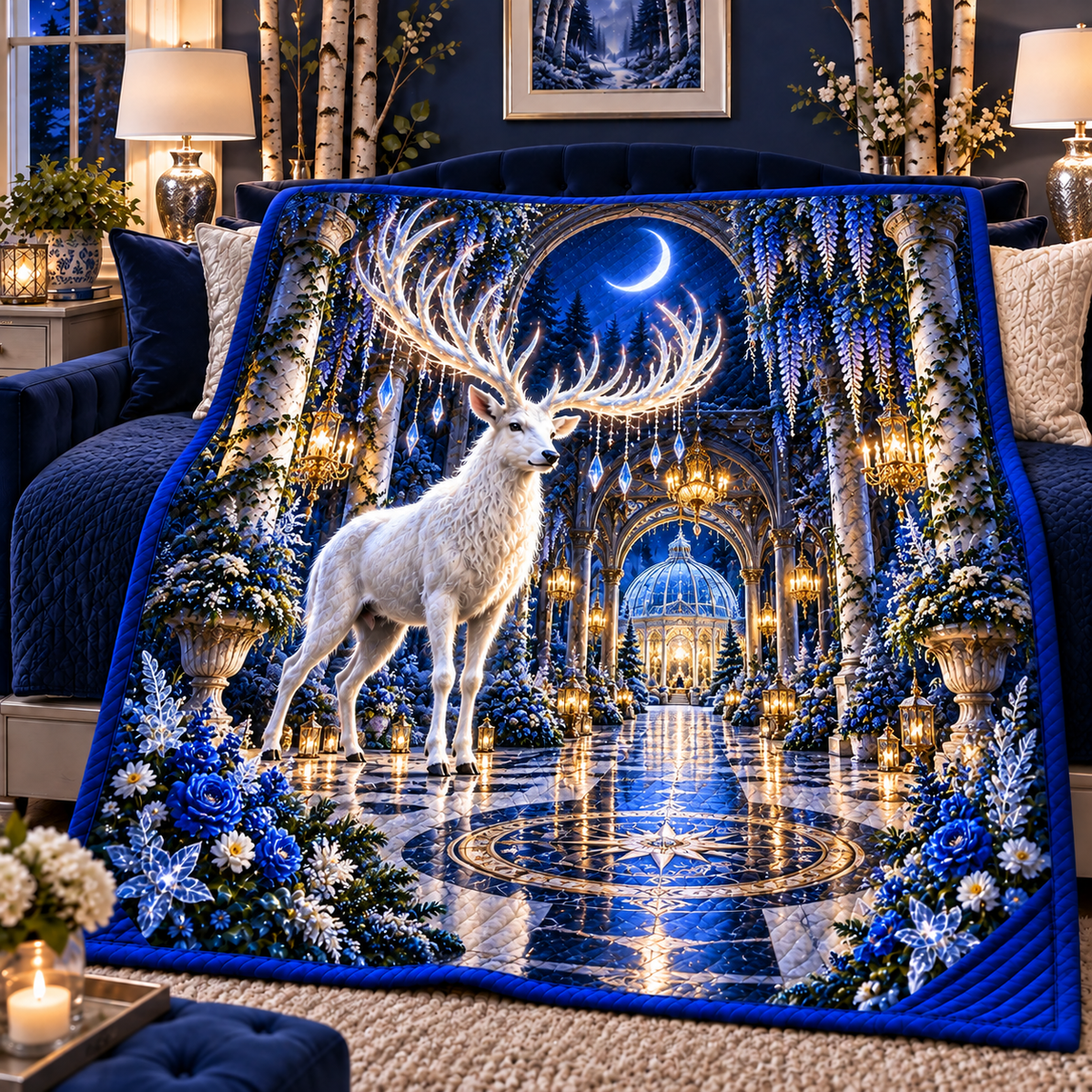White Stag Grand Hall Quilt Blanket with printed optical 3D artwork in its use setting