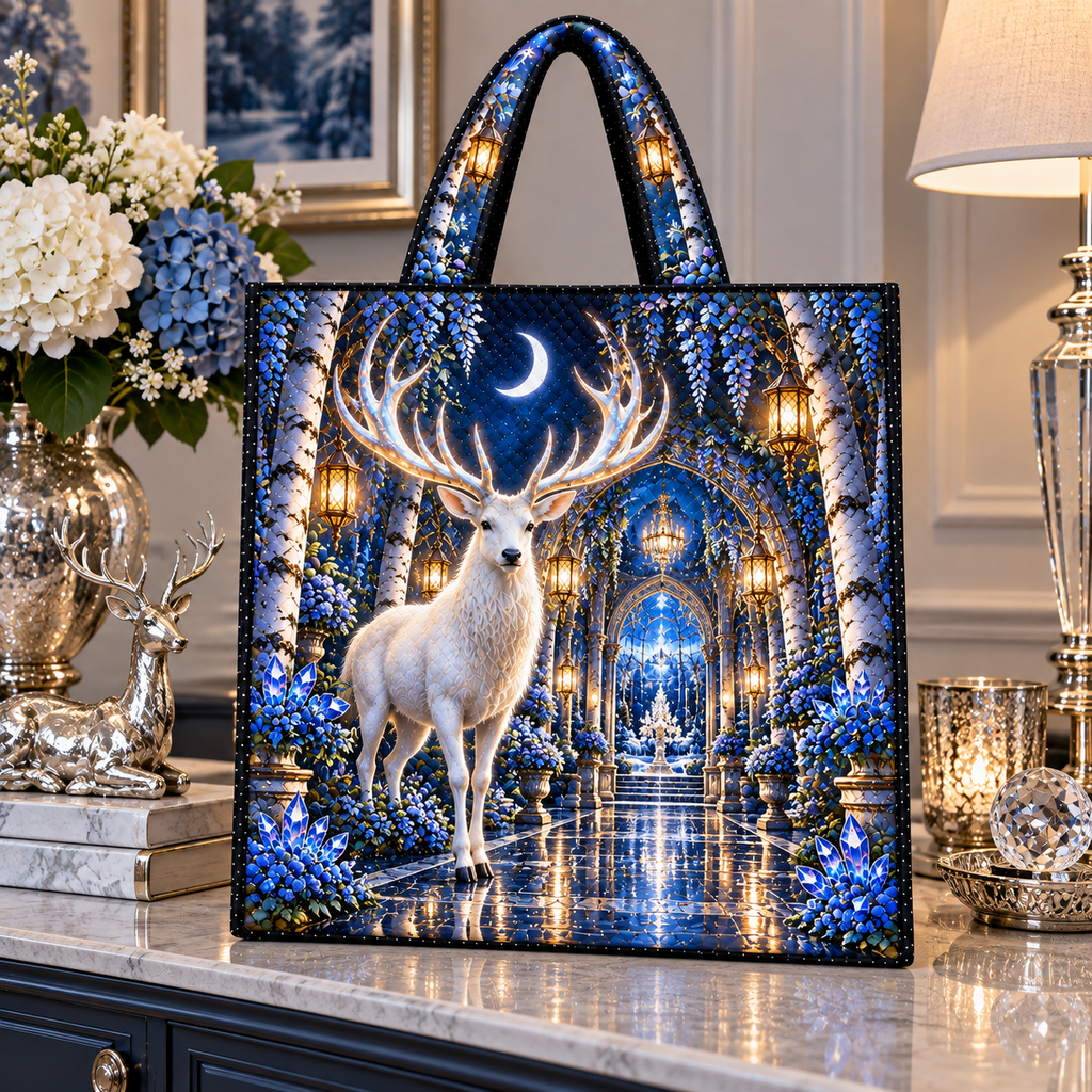 White Stag Grand Hall Quilted Tote Bag with printed optical 3D artwork in its use setting