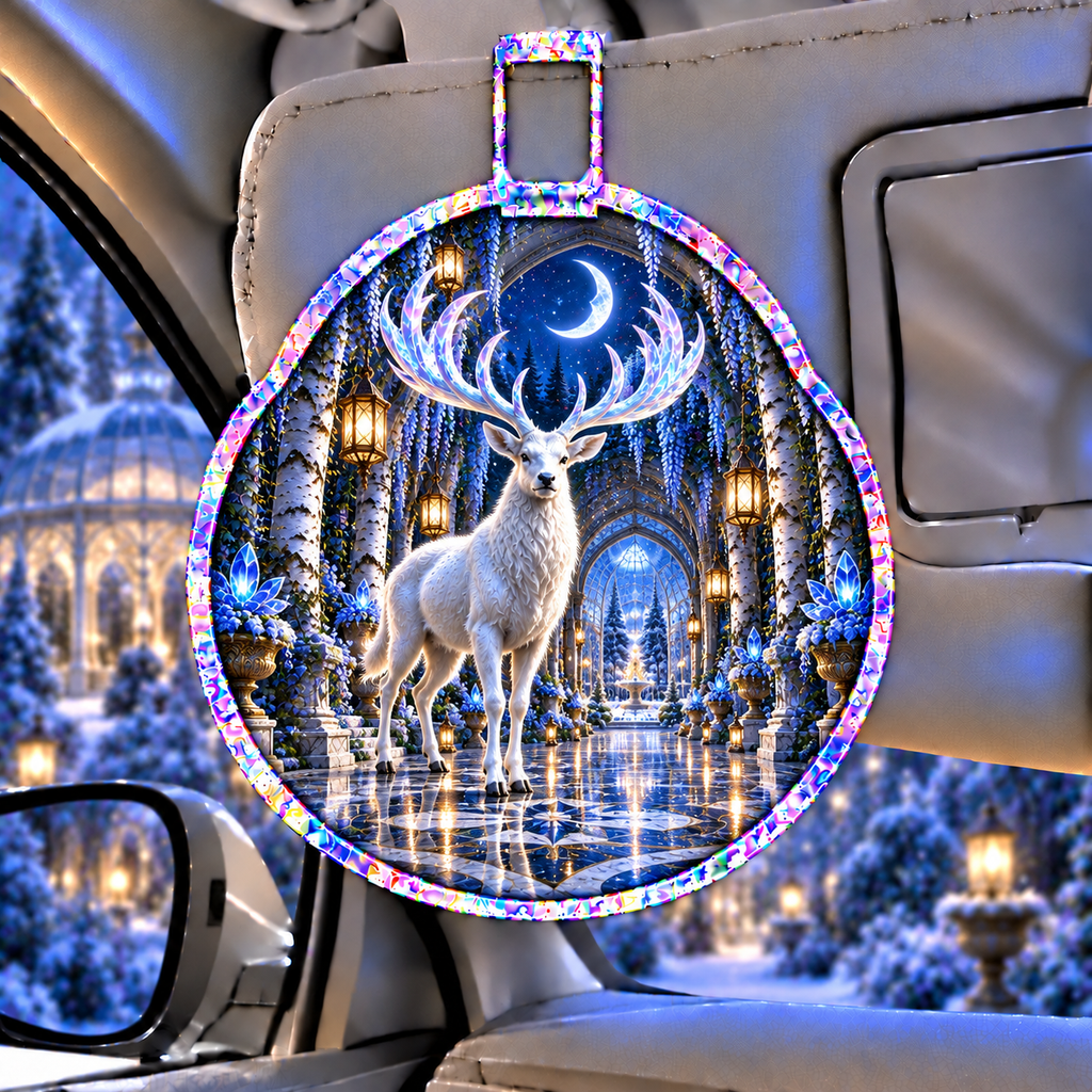 White Stag Grand Hall Holographic Car Visor Clip with printed optical 3D artwork in its use setting