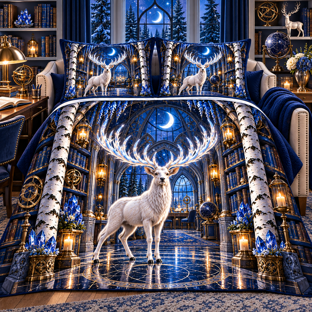 White Stag Celestial Study Quilted Bedding Set with printed optical 3D artwork in its use setting
