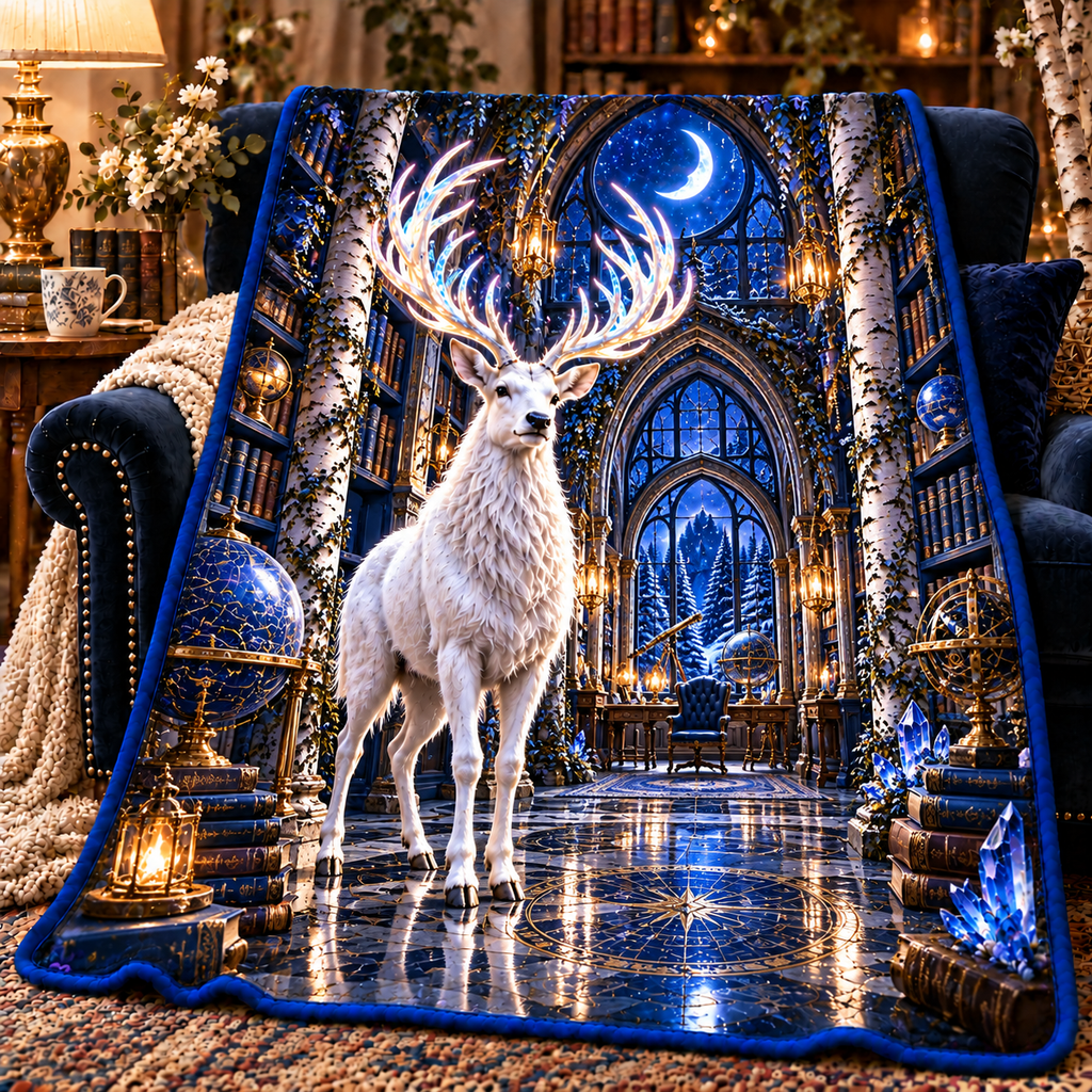 White Stag Celestial Study Sherpa & Fleece Blanket with printed optical 3D artwork in its use setting