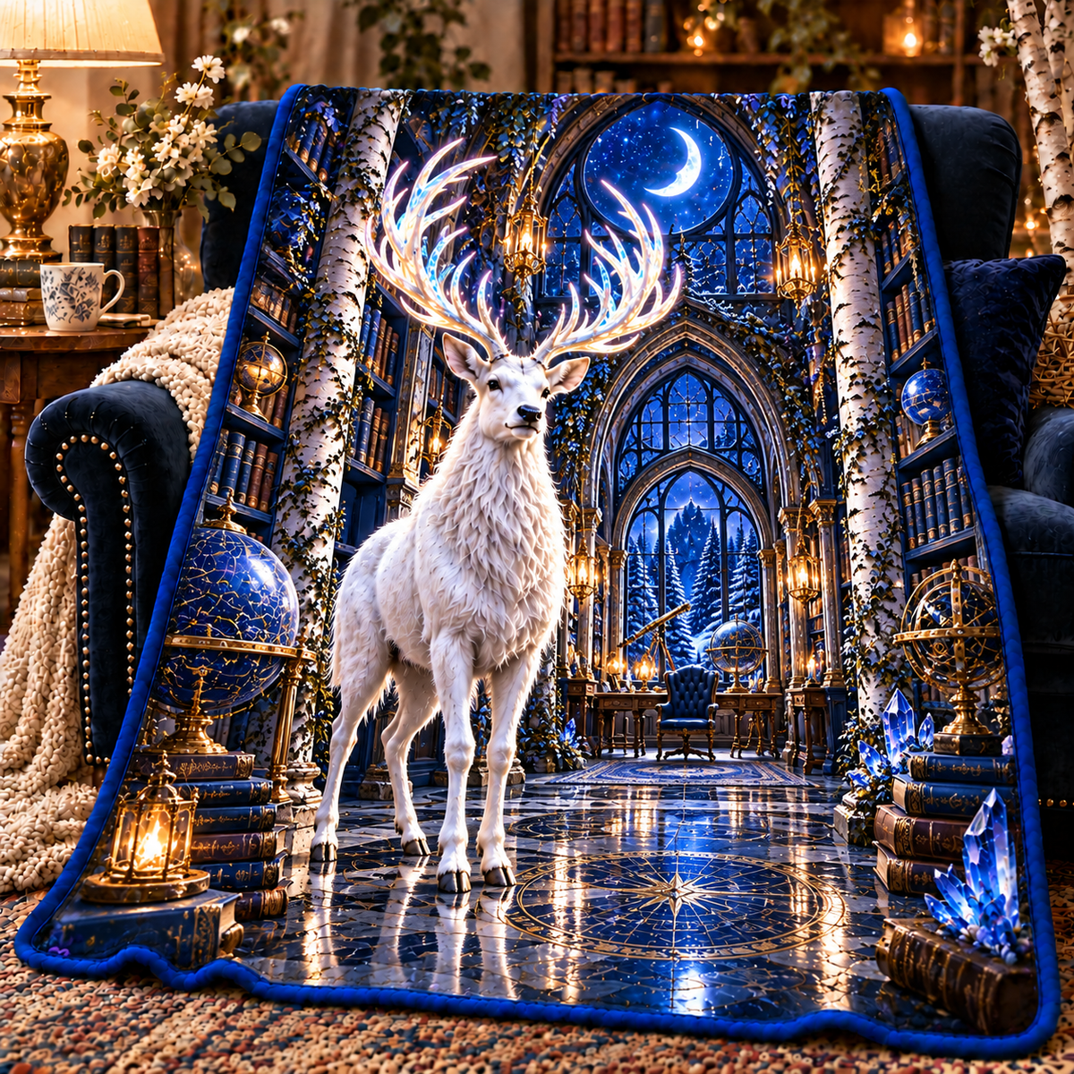 White Stag Celestial Study Sherpa & Fleece Blanket with printed optical 3D artwork in its use setting