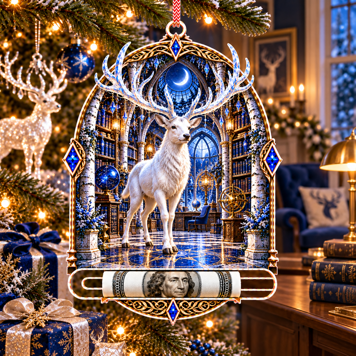 White Stag Celestial Study Acrylic Cash Holder Ornament with printed optical 3D artwork in its use setting