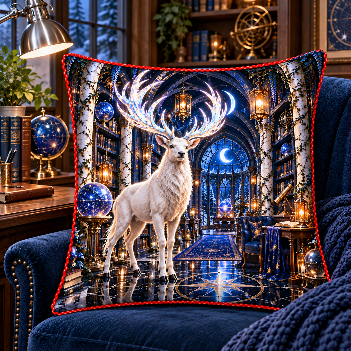 White Stag Celestial Study Quilted Cushion Cover with printed optical 3D artwork in its use setting