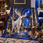 White Stag Celestial Study Quilt Blanket with printed optical 3D artwork in its use setting