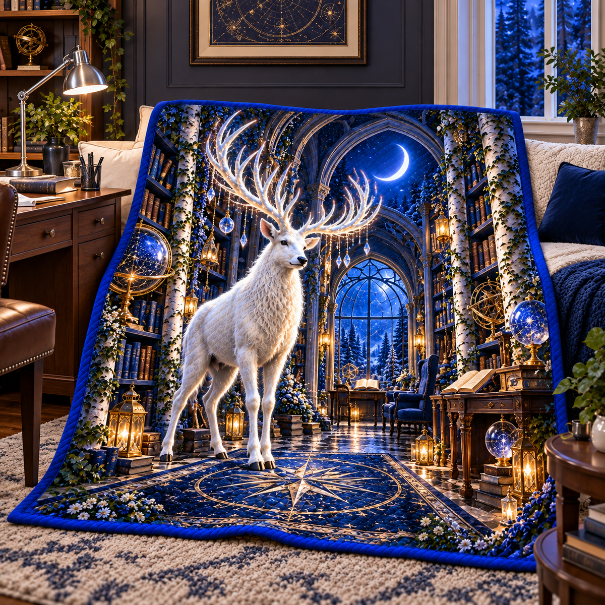 White Stag Celestial Study Quilt Blanket with printed optical 3D artwork in its use setting