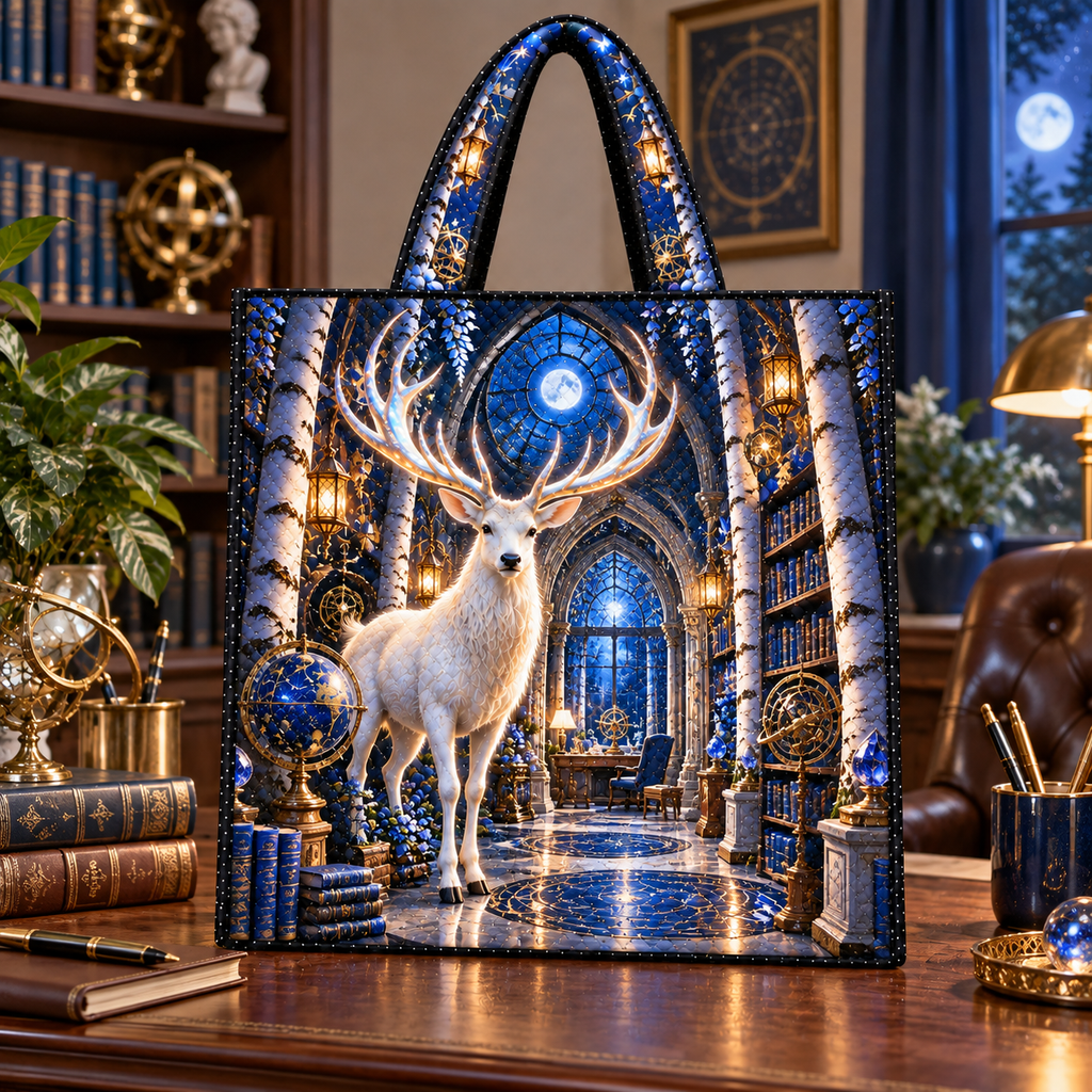 White Stag Celestial Study Quilted Tote Bag with printed optical 3D artwork in its use setting