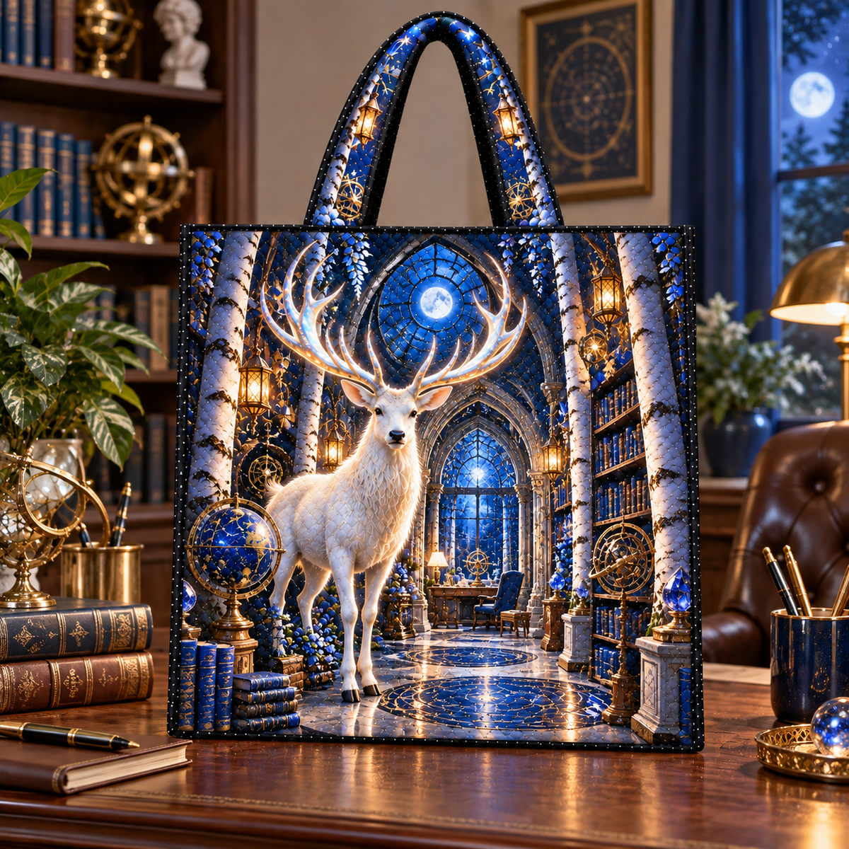 White Stag Celestial Study Quilted Tote Bag with printed optical 3D artwork in its use setting
