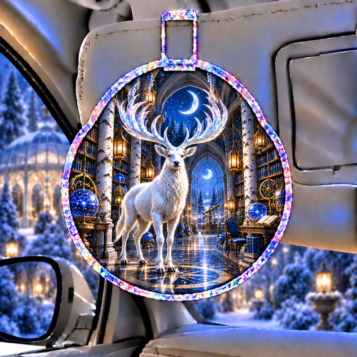 White Stag Celestial Study Holographic Car Visor Clip with printed optical 3D artwork in its use setting