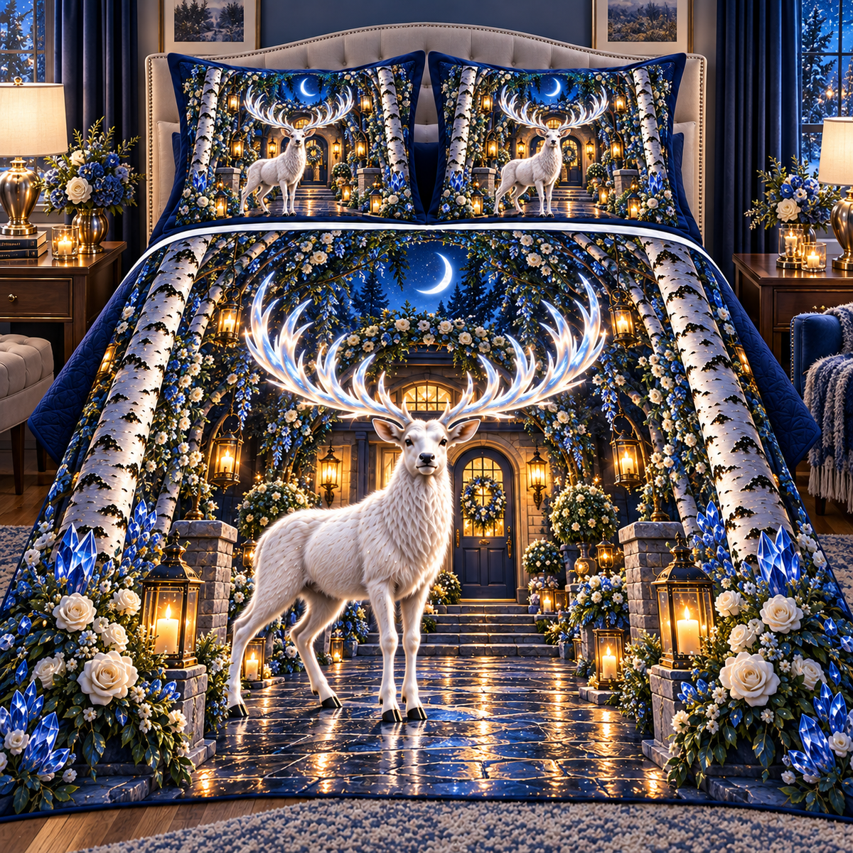 White Stag Welcome Garden Quilted Bedding Set with printed optical 3D artwork in its use setting