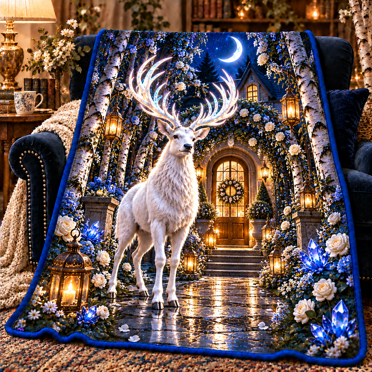 White Stag Welcome Garden Sherpa & Fleece Blanket with printed optical 3D artwork in its use setting