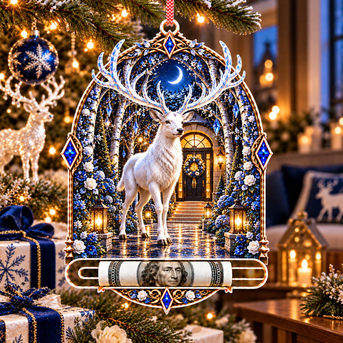 White Stag Welcome Garden Acrylic Cash Holder Ornament with printed optical 3D artwork in its use setting