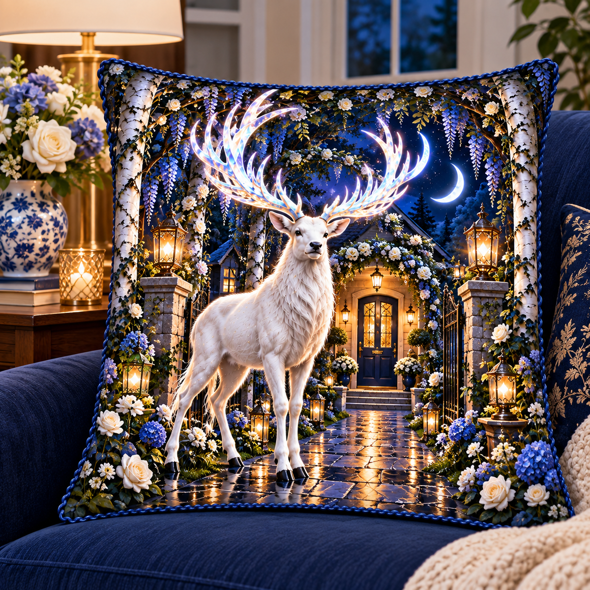 White Stag Welcome Garden Quilted Cushion Cover with printed optical 3D artwork in its use setting