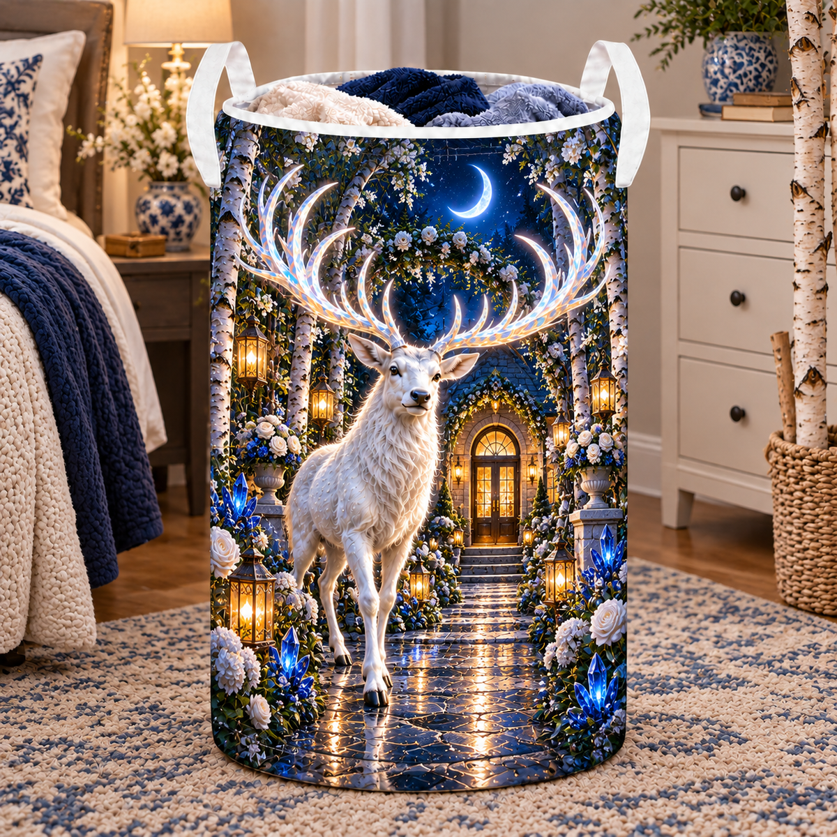 White Stag Welcome Garden Laundry Hamper with printed optical 3D artwork in its use setting