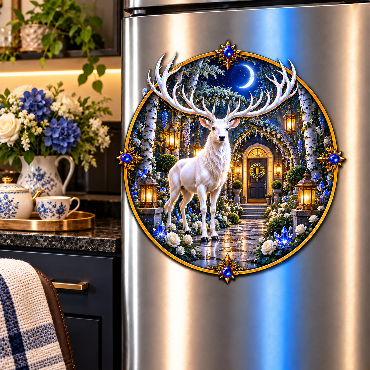 White Stag Welcome Garden Acrylic Refrigerator Magnet with printed optical 3D artwork in its use setting