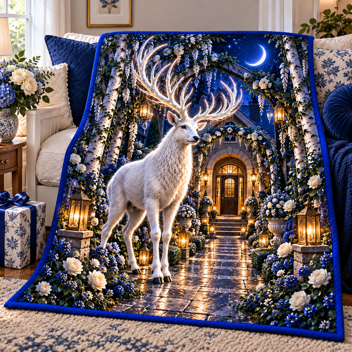 White Stag Welcome Garden Quilt Blanket with printed optical 3D artwork in its use setting