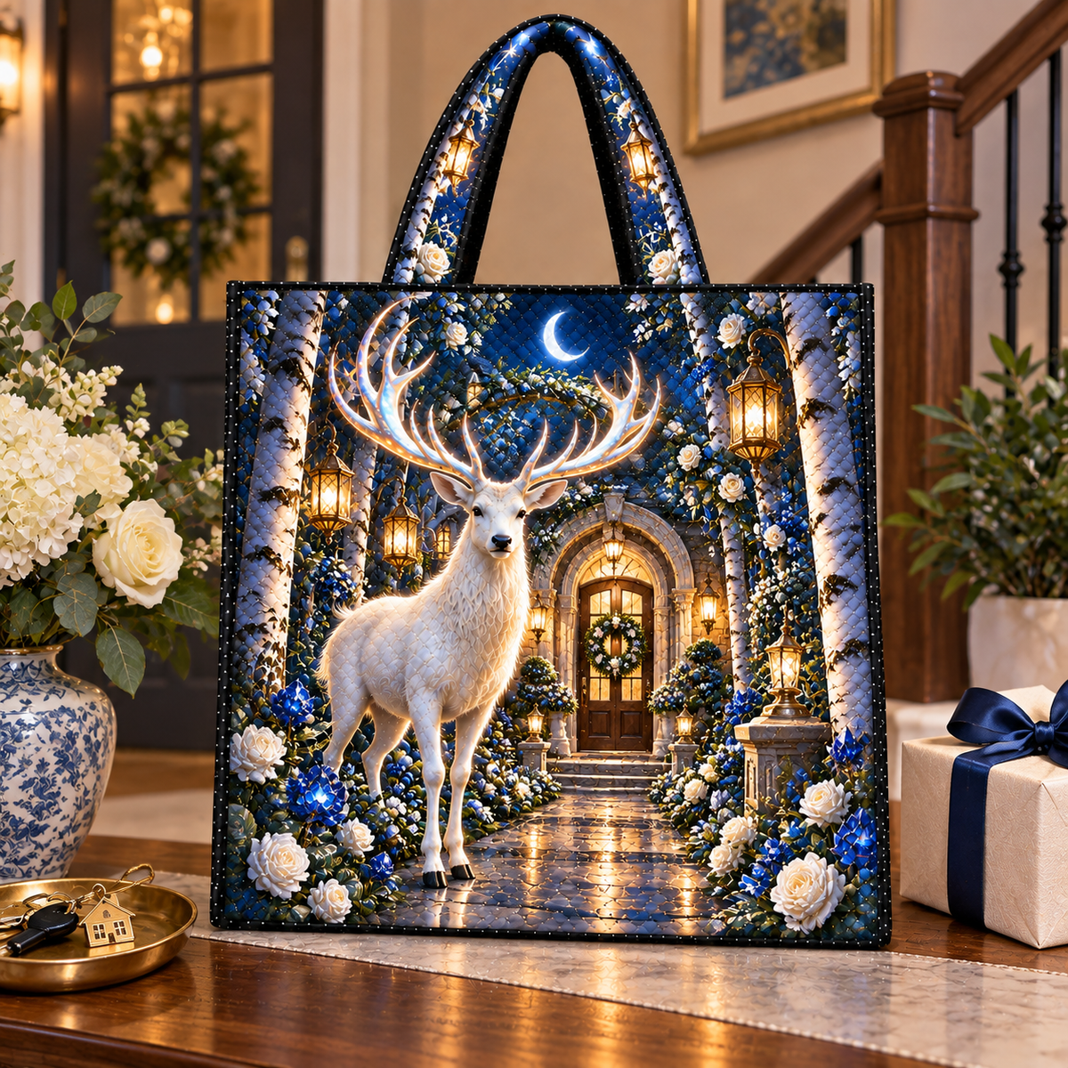 White Stag Welcome Garden Quilted Tote Bag with printed optical 3D artwork in its use setting