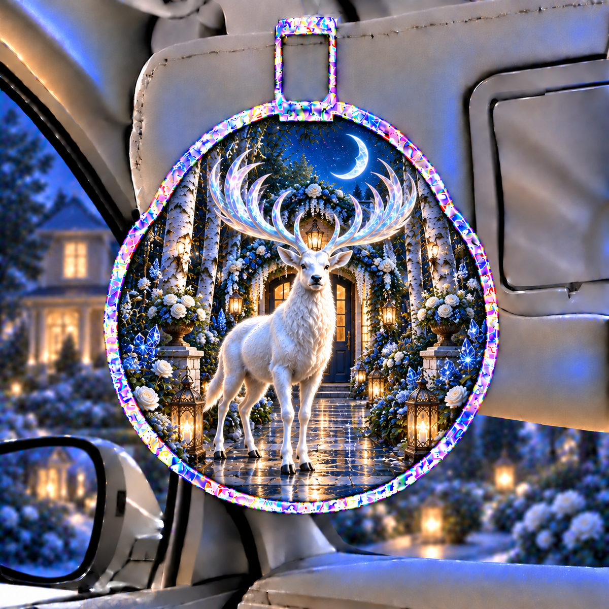 White Stag Welcome Garden Holographic Car Visor Clip with printed optical 3D artwork in its use setting