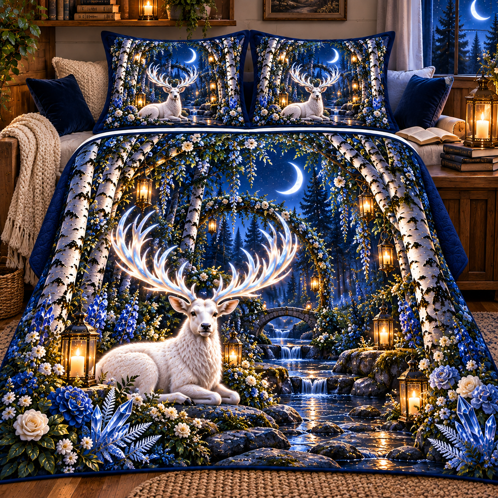 White Stag Quiet Glen Quilted Bedding Set with printed optical 3D artwork in its use setting