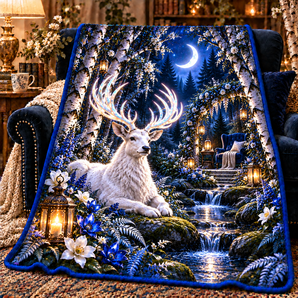 White Stag Quiet Glen Sherpa & Fleece Blanket with printed optical 3D artwork in its use setting