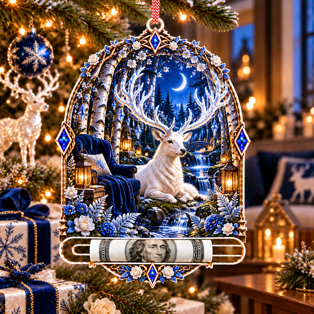 White Stag Quiet Glen Acrylic Cash Holder Ornament with printed optical 3D artwork in its use setting