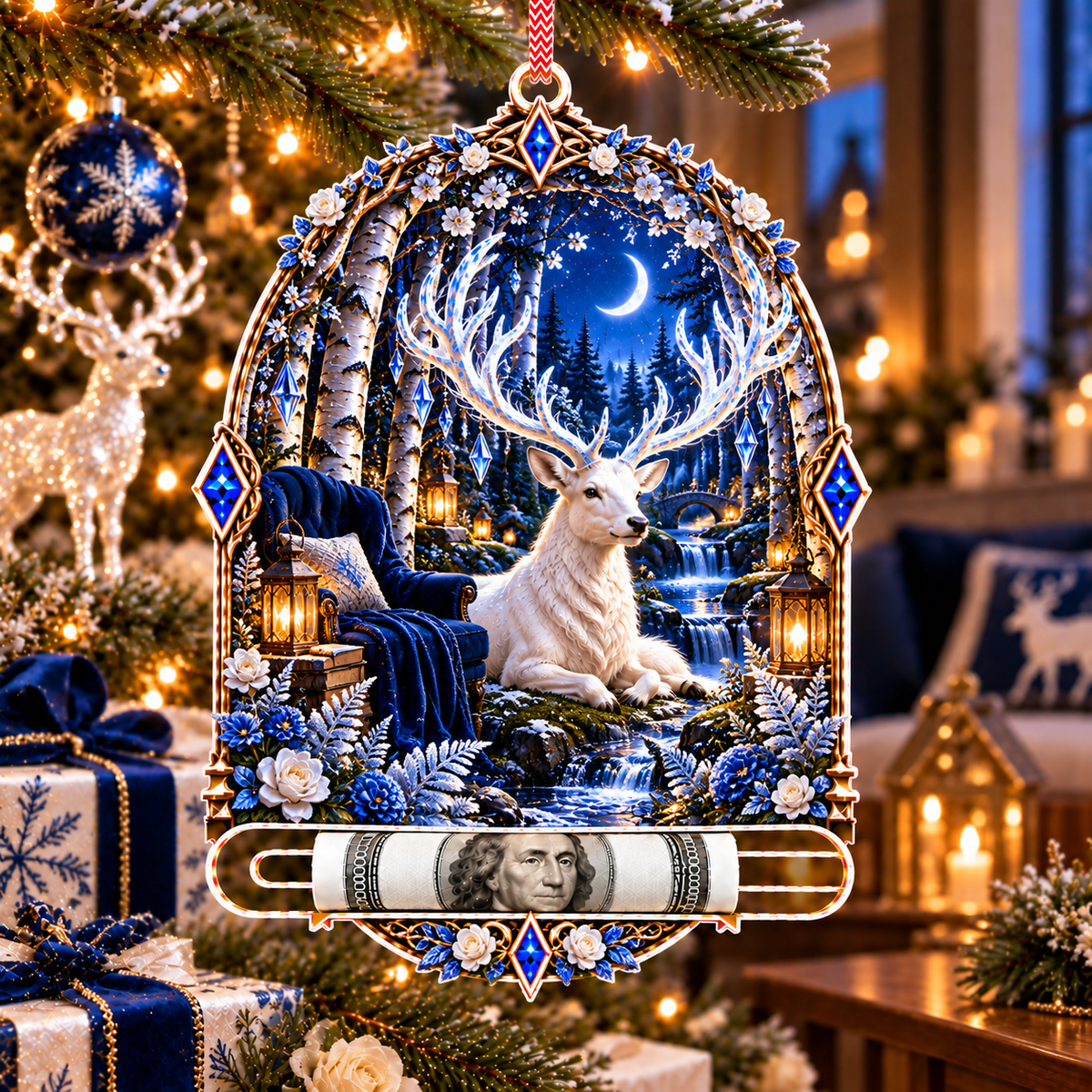 White Stag Quiet Glen Acrylic Cash Holder Ornament with printed optical 3D artwork in its use setting