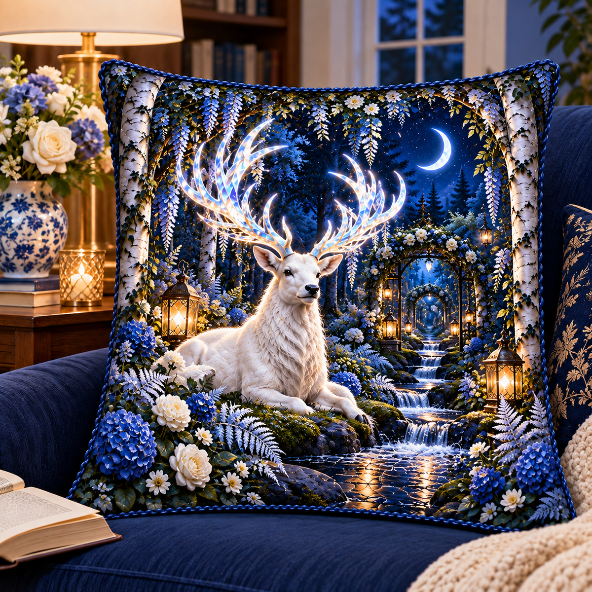 White Stag Quiet Glen Quilted Cushion Cover with printed optical 3D artwork in its use setting