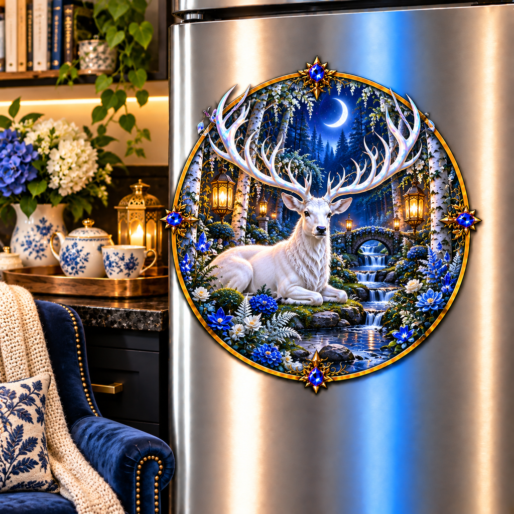 White Stag Quiet Glen Acrylic Refrigerator Magnet with printed optical 3D artwork in its use setting