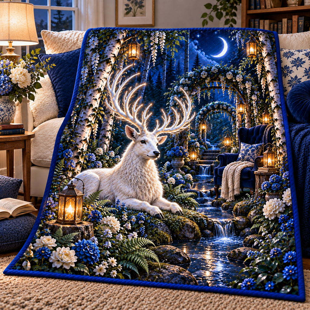 White Stag Quiet Glen Quilt Blanket with printed optical 3D artwork in its use setting