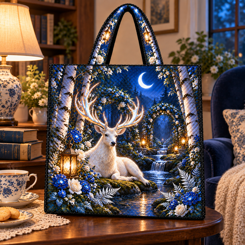 White Stag Quiet Glen Quilted Tote Bag with printed optical 3D artwork in its use setting