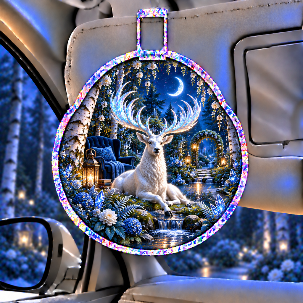 White Stag Quiet Glen Holographic Car Visor Clip with printed optical 3D artwork in its use setting