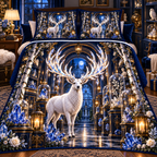 White Stag Crystal Reliquary Quilted Bedding Set with printed optical 3D artwork in its use setting