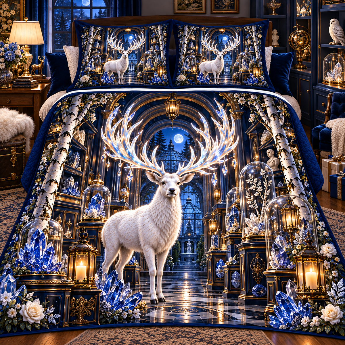 White Stag Crystal Reliquary Quilted Bedding Set with printed optical 3D artwork in its use setting