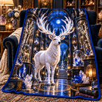 White Stag Crystal Reliquary Sherpa & Fleece Blanket with printed optical 3D artwork in its use setting
