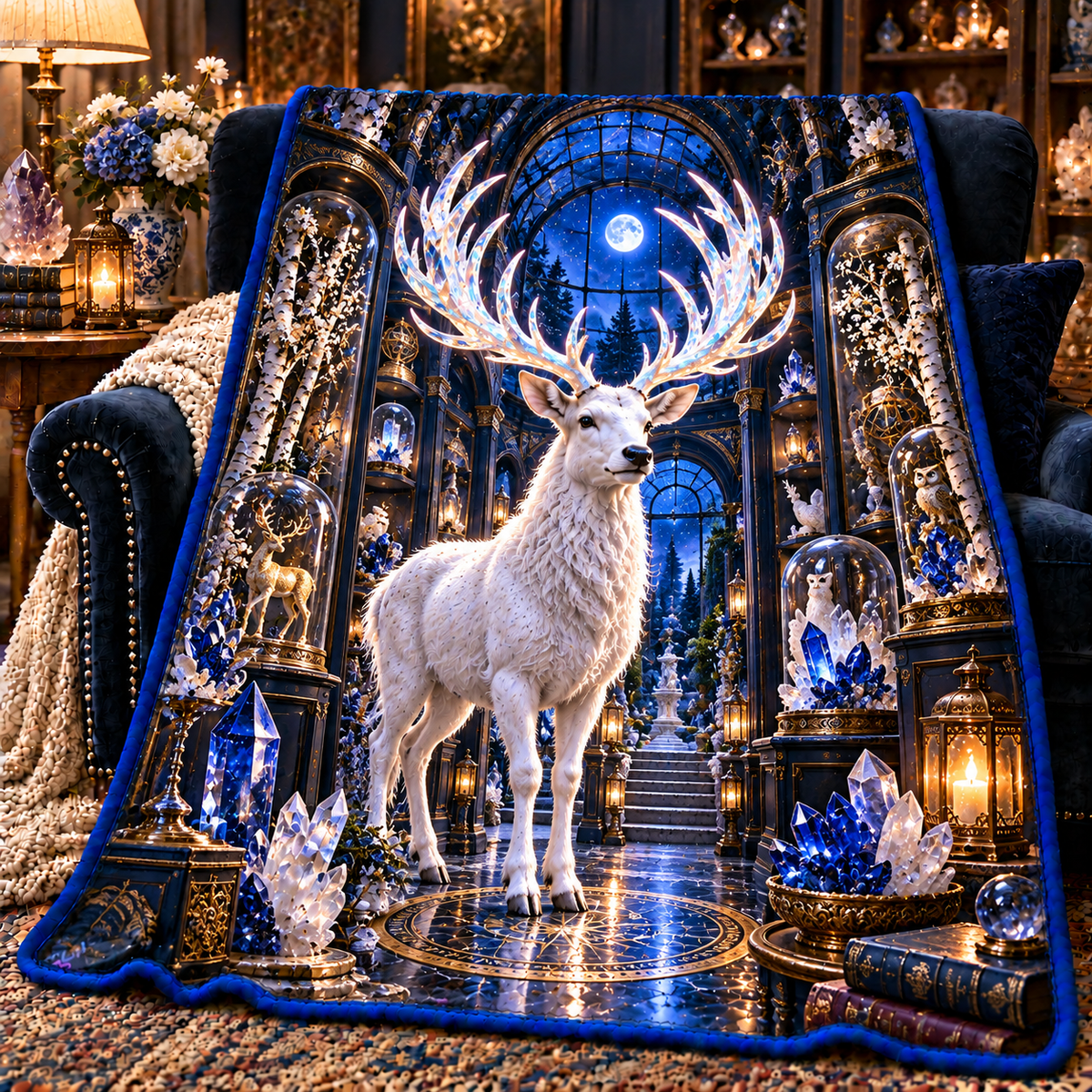 White Stag Crystal Reliquary Sherpa & Fleece Blanket with printed optical 3D artwork in its use setting