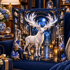 White Stag Crystal Reliquary Quilted Cushion Cover with printed optical 3D artwork in its use setting