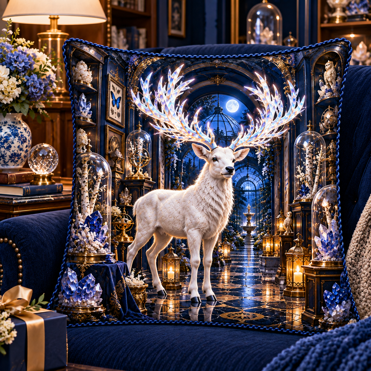 White Stag Crystal Reliquary Quilted Cushion Cover with printed optical 3D artwork in its use setting