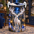 White Stag Crystal Reliquary Laundry Hamper with printed optical 3D artwork in its use setting