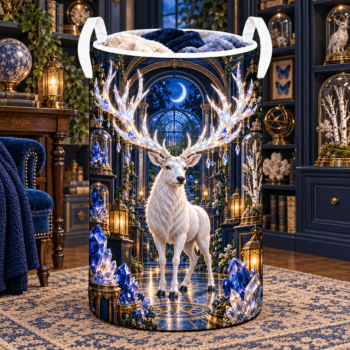 White Stag Crystal Reliquary Laundry Hamper with printed optical 3D artwork in its use setting