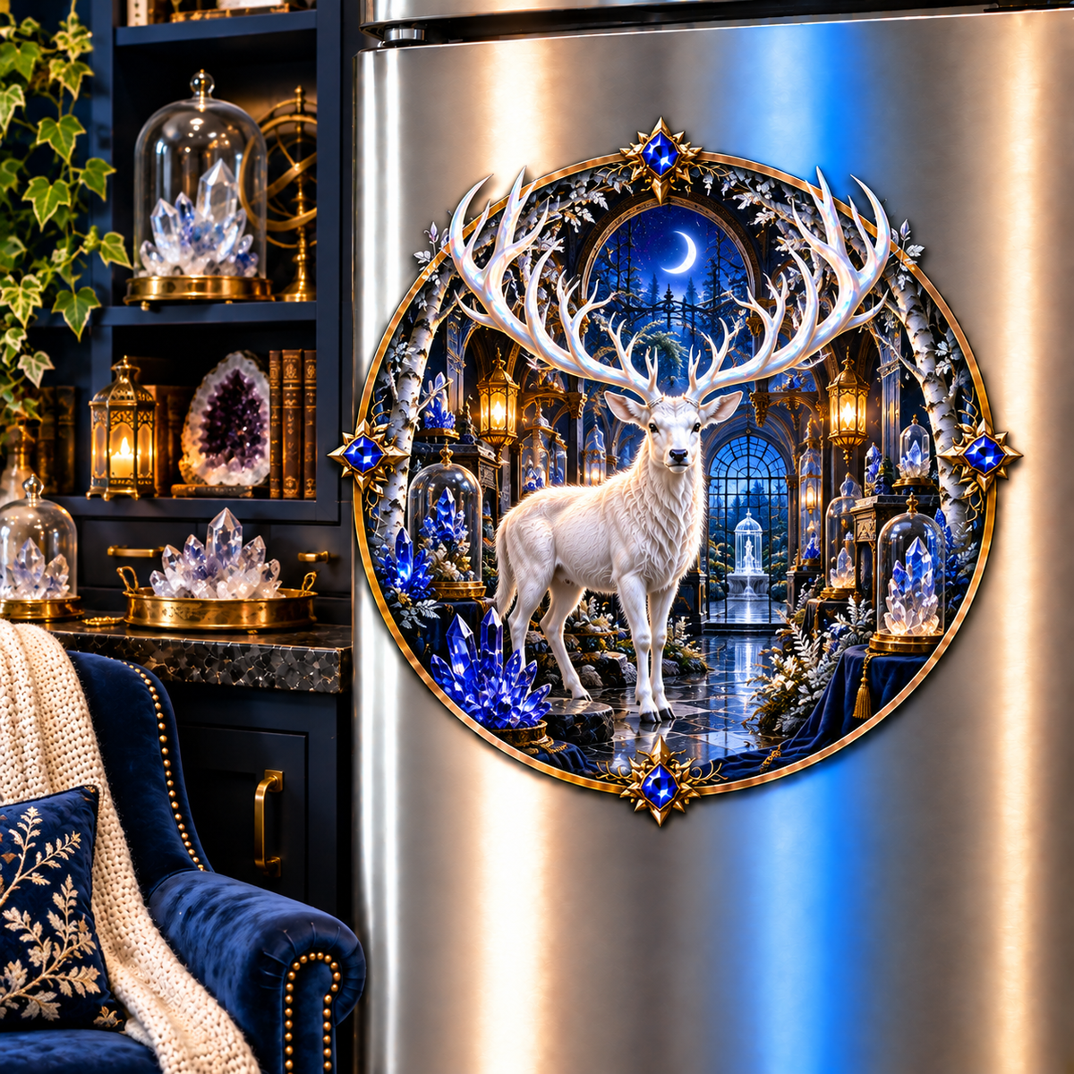 White Stag Crystal Reliquary Acrylic Refrigerator Magnet with printed optical 3D artwork in its use setting