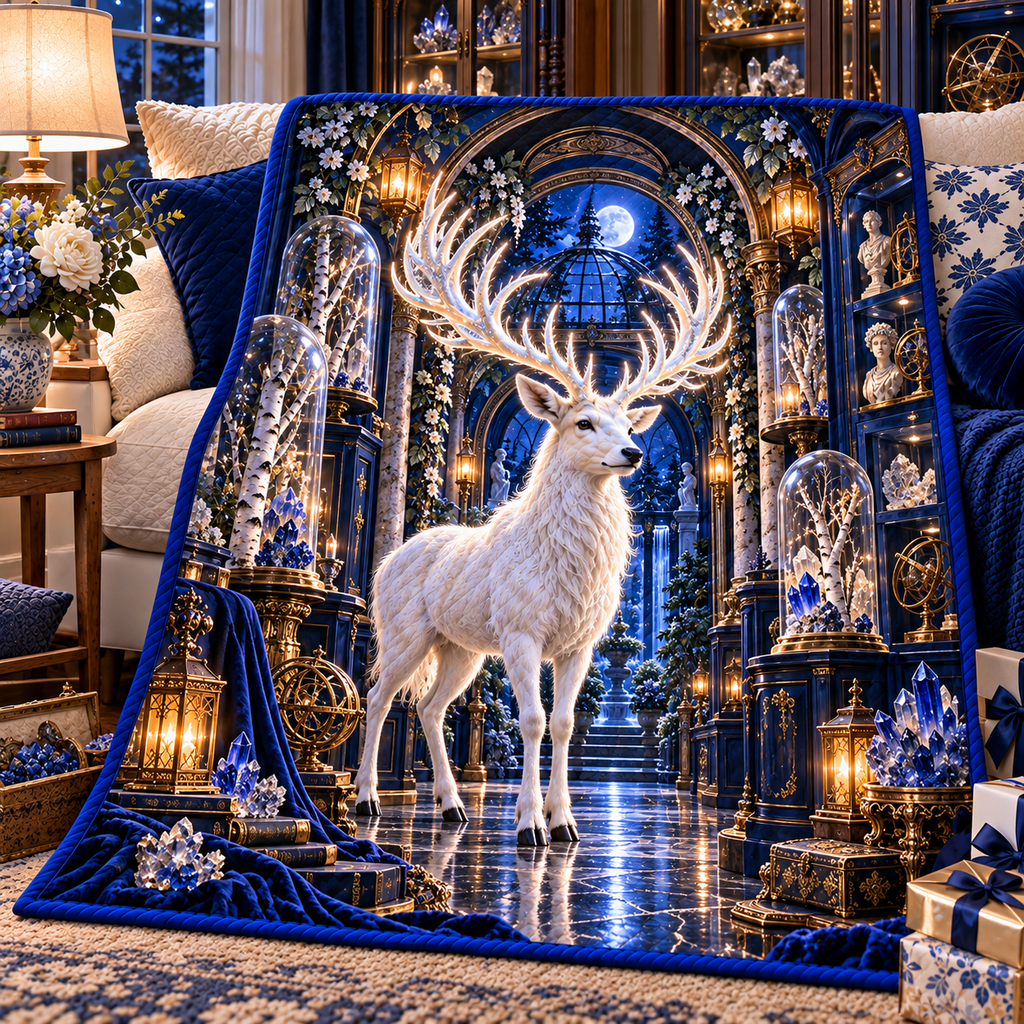 White Stag Crystal Reliquary Quilt Blanket with printed optical 3D artwork in its use setting