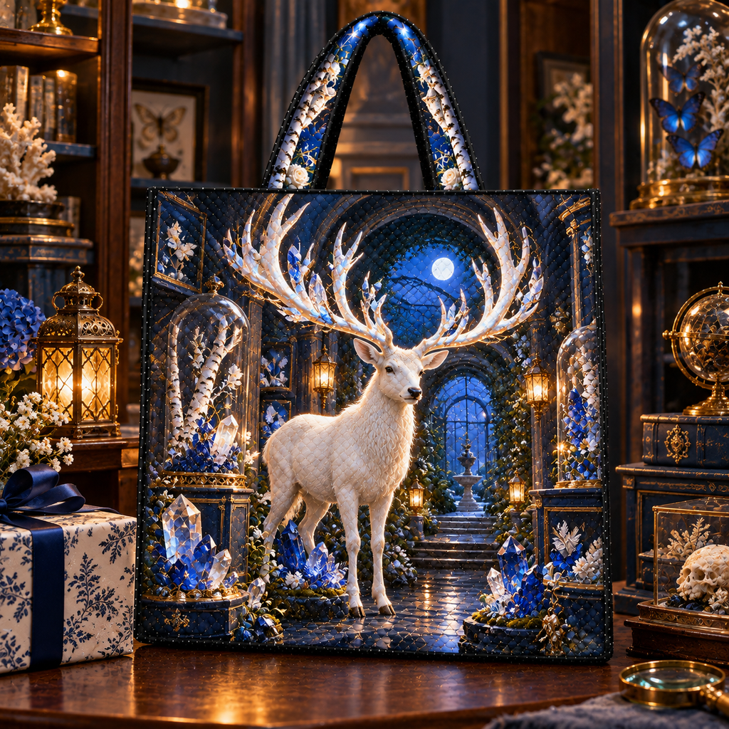 White Stag Crystal Reliquary Quilted Tote Bag with printed optical 3D artwork in its use setting
