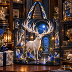 White Stag Crystal Reliquary Quilted Tote Bag with printed optical 3D artwork in its use setting