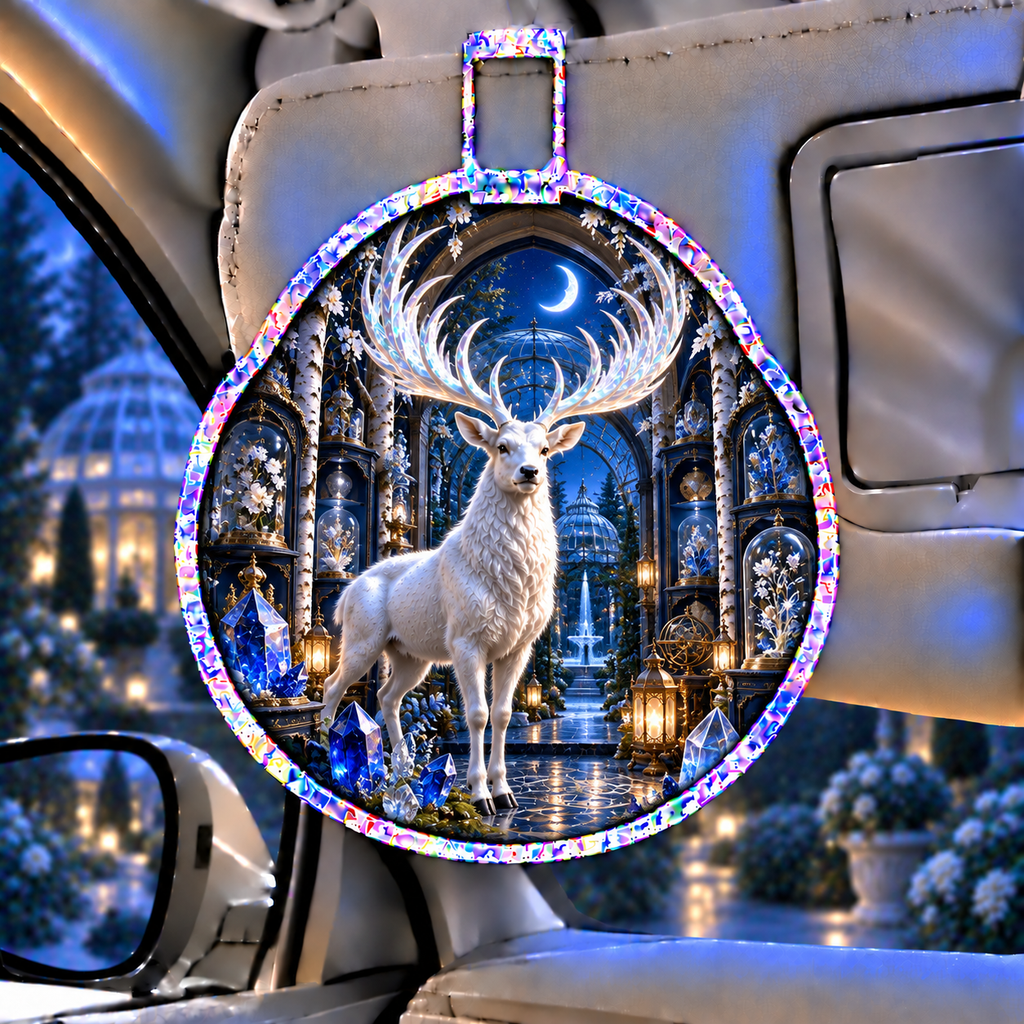 White Stag Crystal Reliquary Holographic Car Visor Clip with printed optical 3D artwork in its use setting